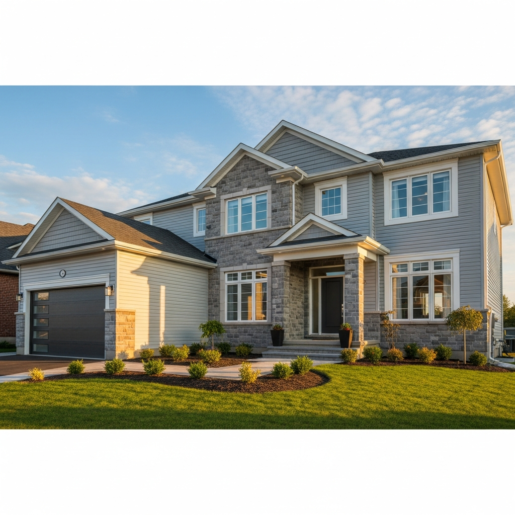 Beautiful modern Barrhaven Ottawa suburban home with grey vinyl siding white trim stone accents