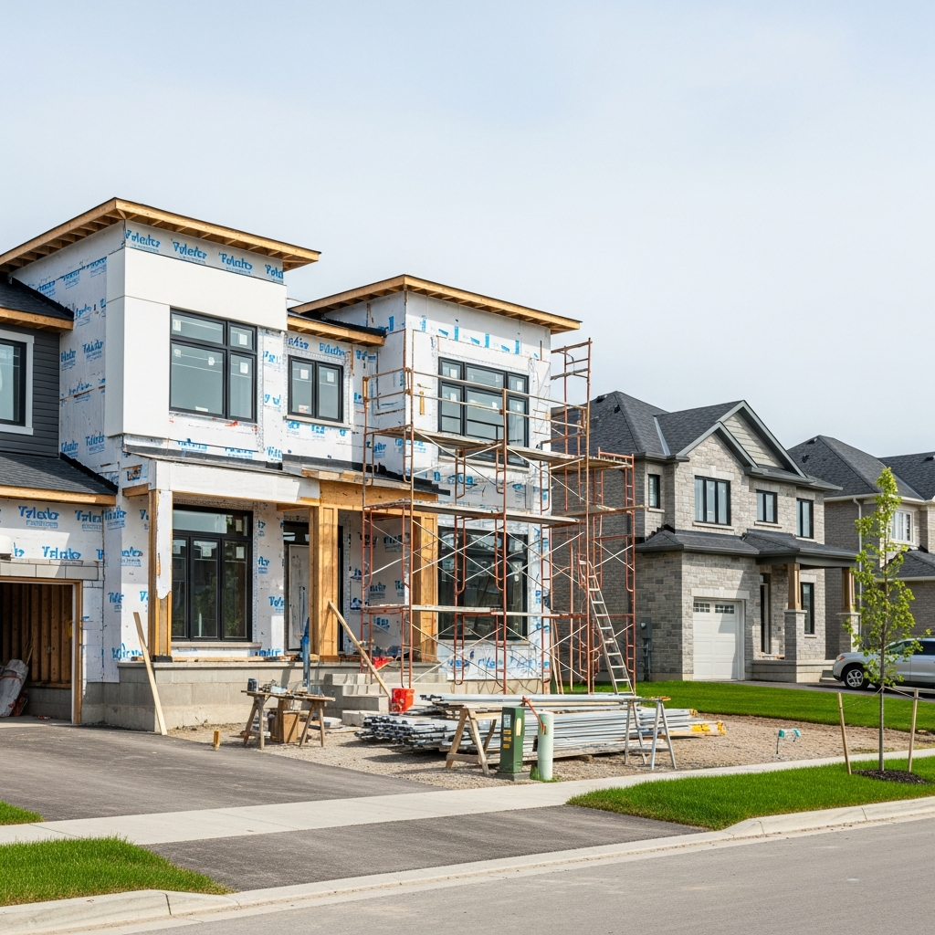 Newly constructed Barrhaven Ottawa suburban home with siding installation in progress