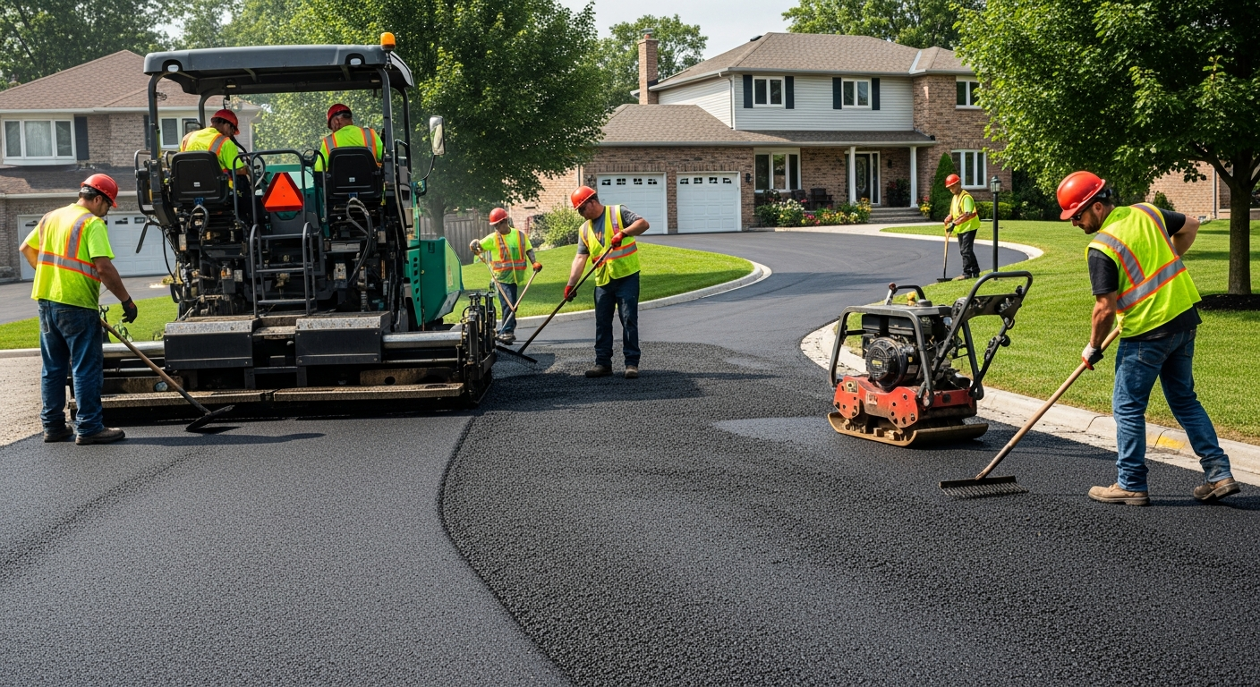 Professional Ottawa paving crew installing new asphalt driveway at residential home