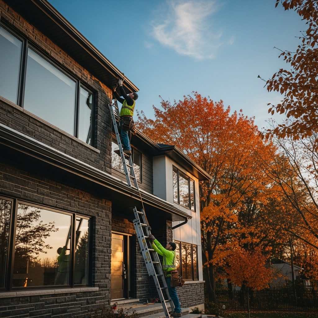 Professional Ottawa eavestrough installation crew installing seamless aluminum gutters on residential home
