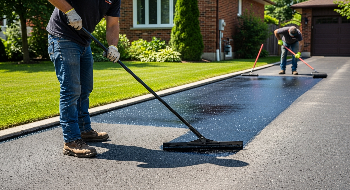 Professional contractor applying sealcoat to residential asphalt driveway in Ottawa