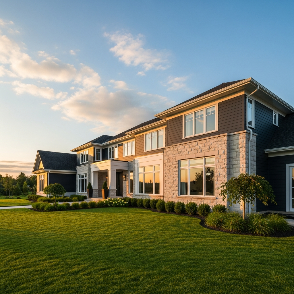Beautiful luxury Ottawa home featuring James Hardie fiber cement siding with dark charcoal planks and white trim