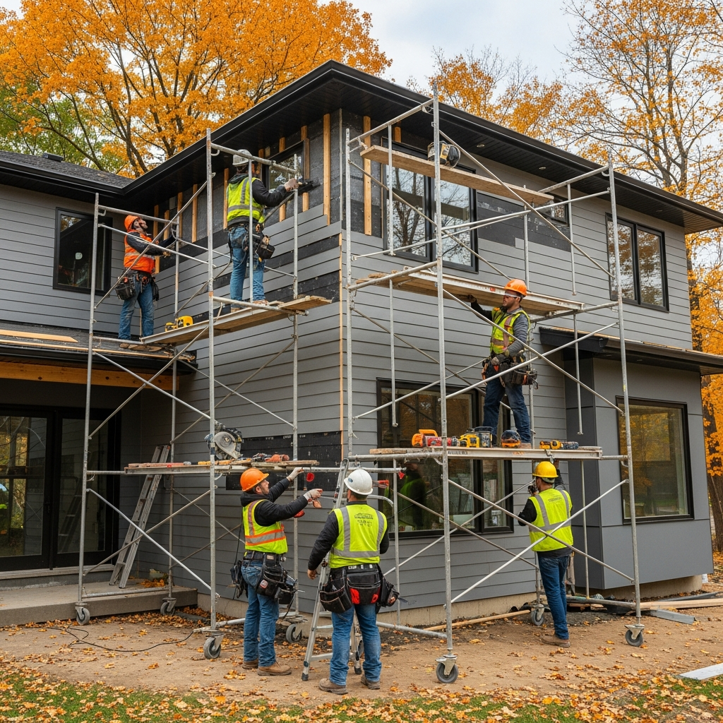 Professional siding crew installing James Hardie fiber cement planks on Ottawa two-storey home with scaffolding
