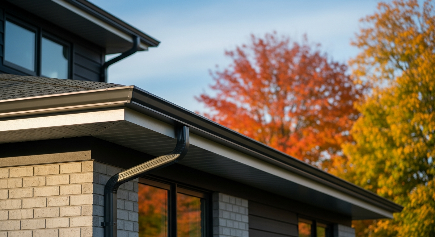 Professional eavestrough gutter system installation on an Ottawa home — seamless aluminum gutters with proper downspout routing