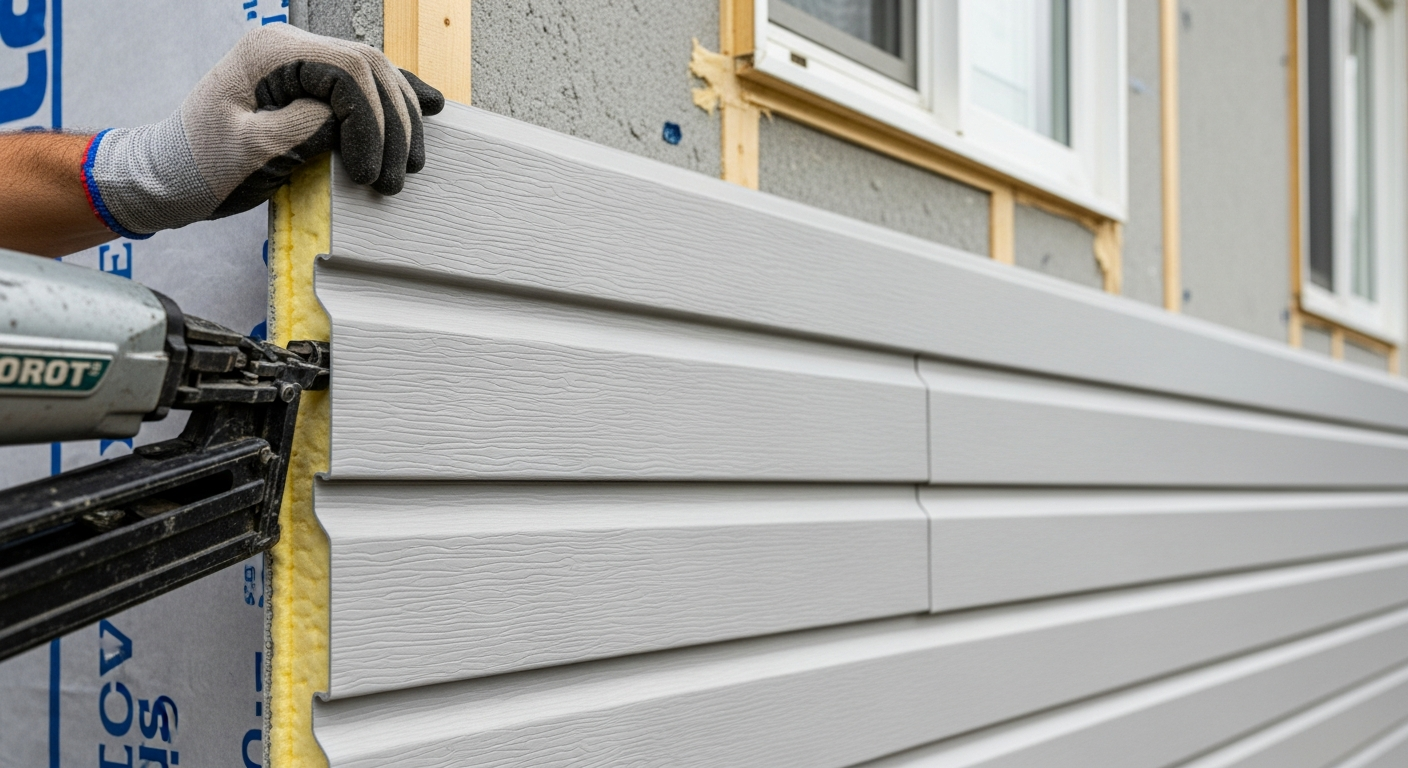 Professional siding installation close-up showing premium interlocking vinyl panels being installed on an Ottawa home