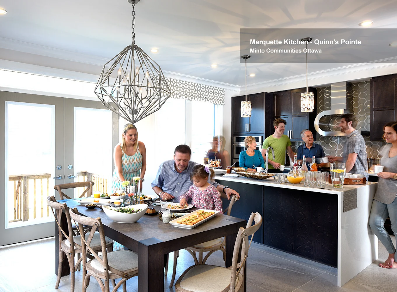Minto Communities Quinn's Pointe model home — Marquette Kitchen with family gathering, open concept living