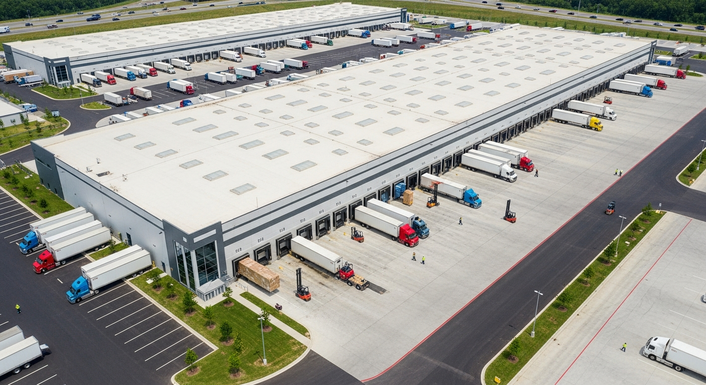Modern distribution center in Ottawa with delivery trucks and fulfillment operations