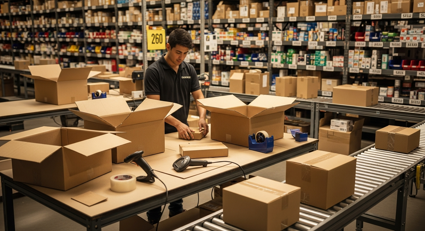 E-commerce fulfillment station with pick and pack operations in an Ottawa 3PL warehouse