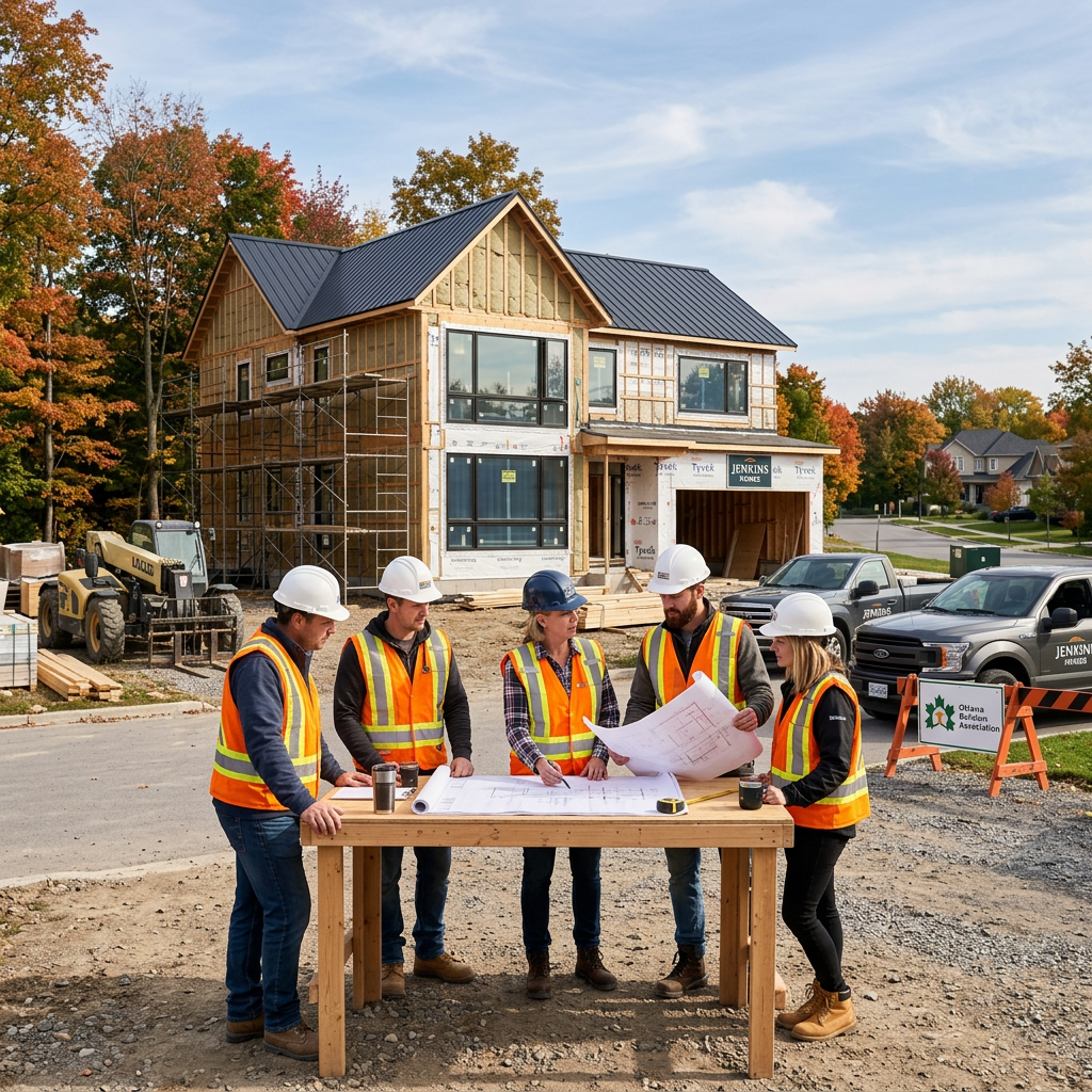 Ottawa general contractors reviewing blueprints at a residential construction site