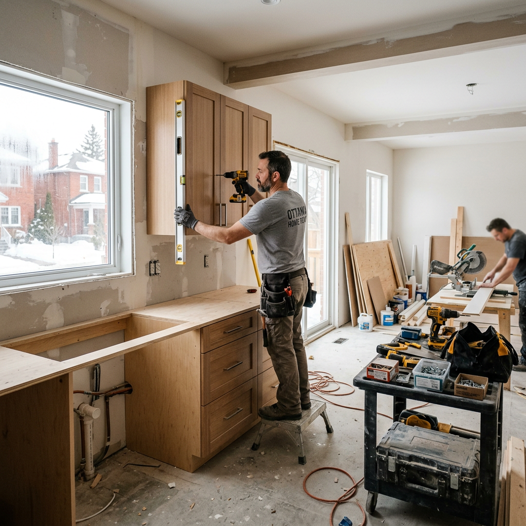 Licensed Ottawa renovation contractor installing kitchen cabinetry