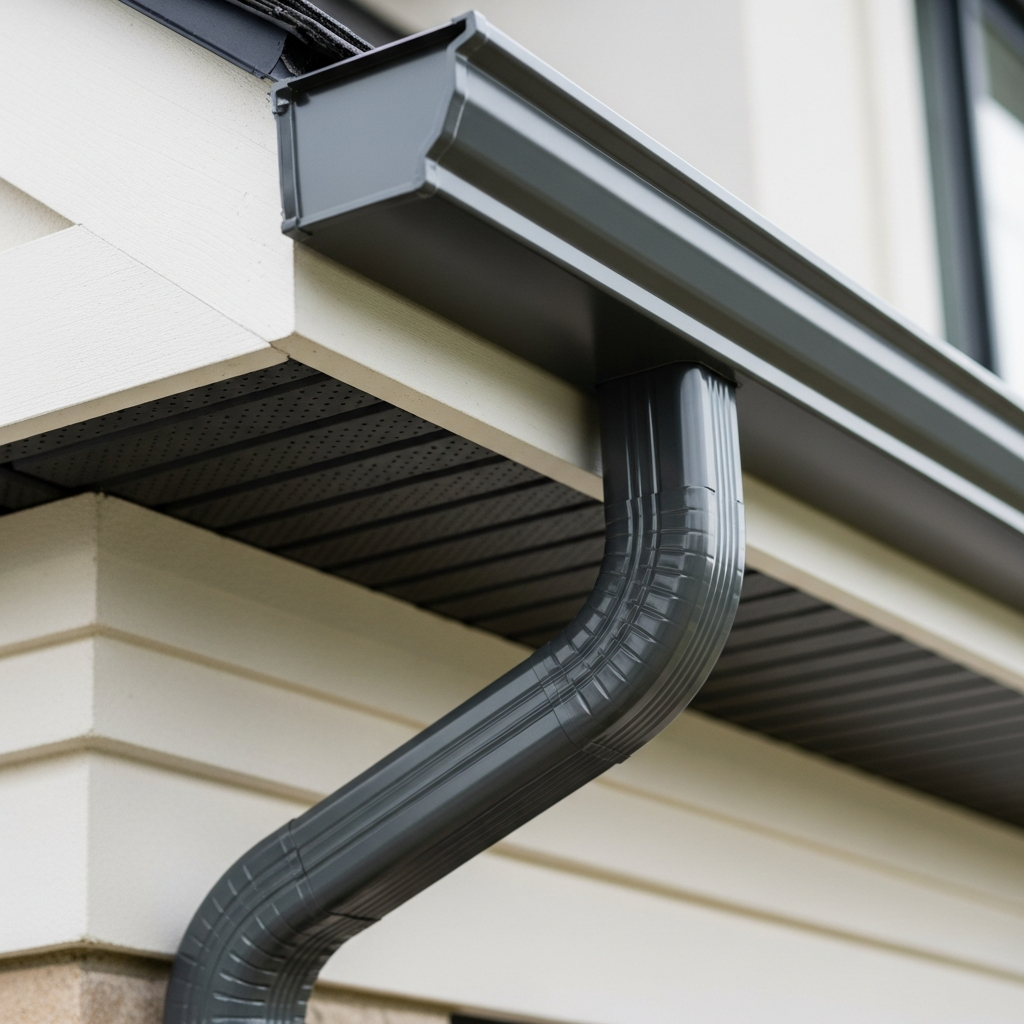 Close-up of brand new seamless aluminum eavestrough and downspout on Ottawa home with white fascia