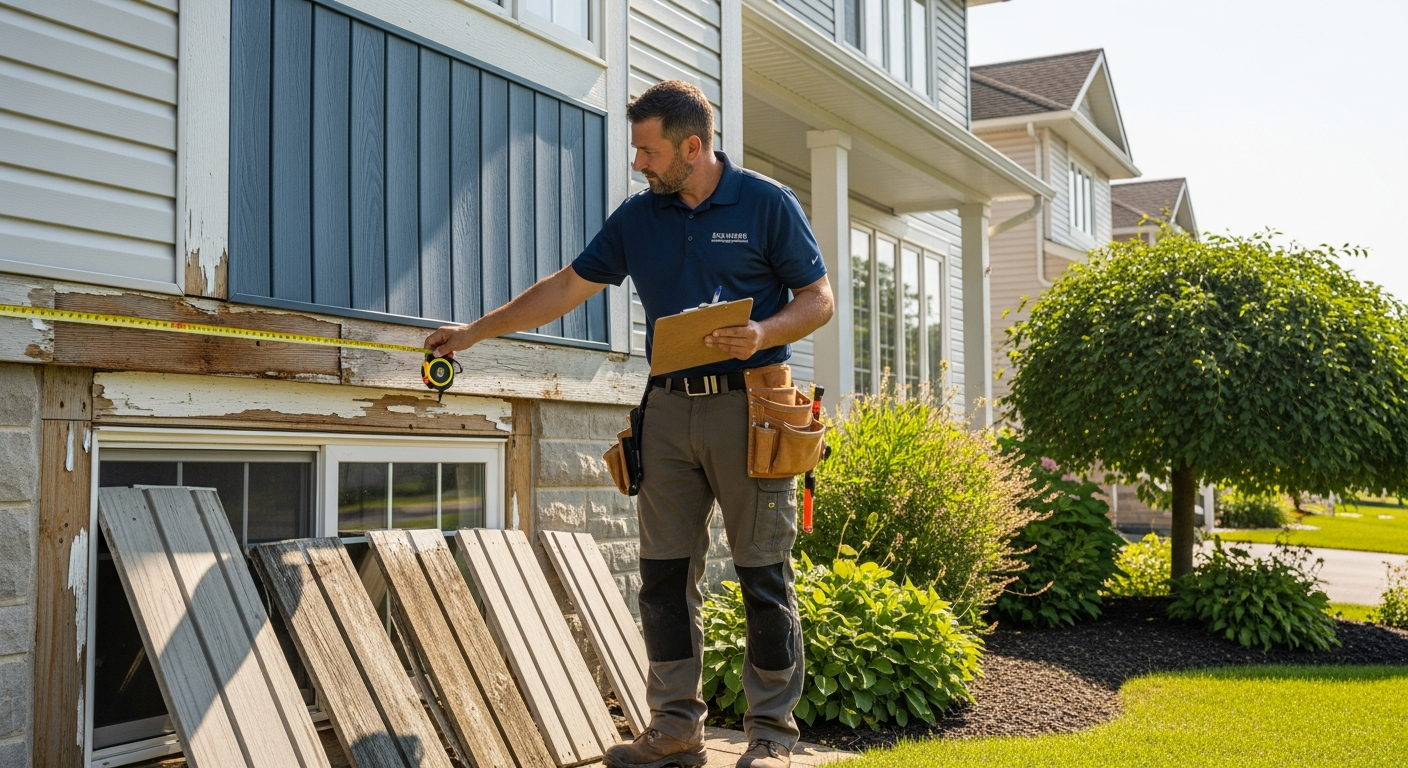 Professional siding contractor inspecting Ottawa home exterior for water damage and weathered panels