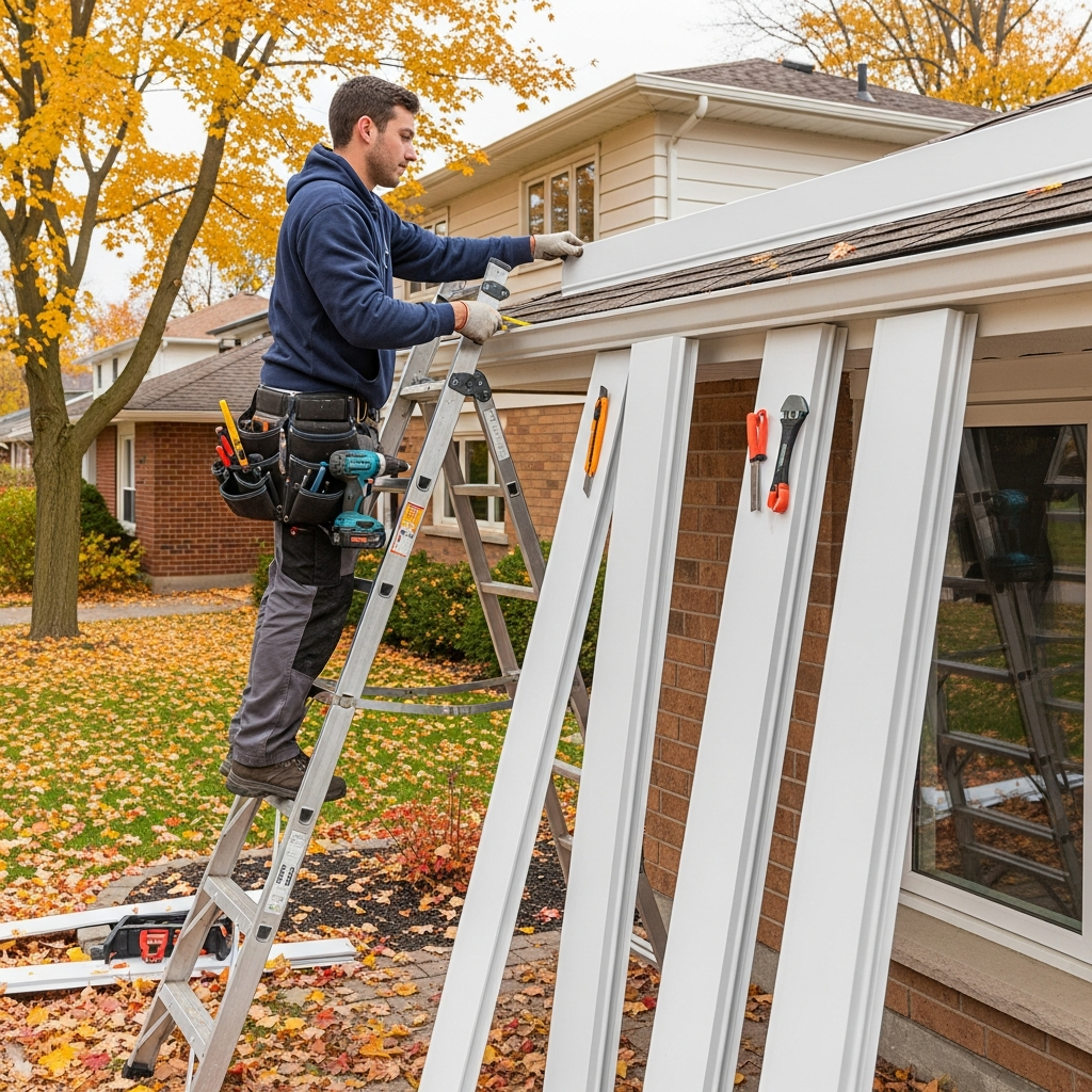 Professional installer working on soffit and fascia replacement on Ottawa residential home